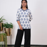 White and navy blue cotton short kurti