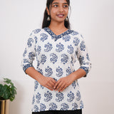 White and navy blue cotton short kurti