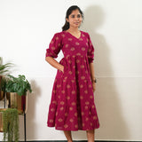 Ruby red Balloon sleeved cotton midi dress