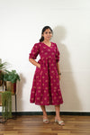 Ruby red Balloon sleeved cotton midi dress