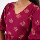 Ruby red Balloon sleeved cotton midi dress