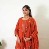 Orange suit set with hand painted dupatta