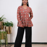 Rust orange full sleeve cotton short kurti
