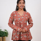 Rust orange full sleeve cotton short kurti