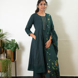 Green suit set with hand painted dupatta