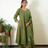 Olive green suit set with hand painted dupatta