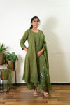 Olive green suit set with hand painted dupatta