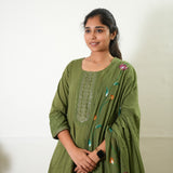 Olive green suit set with hand painted dupatta