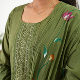 Olive green suit set with hand painted dupatta