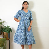 Powder blue balloon sleeved cotton midi dress