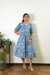 Powder blue balloon sleeved cotton midi dress