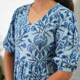Powder blue balloon sleeved cotton midi dress