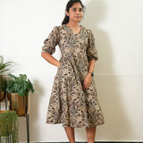 Beige balloon sleeved cotton midi dress