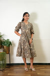 Beige balloon sleeved cotton midi dress