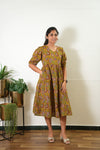 Turmeric balloon sleeved cotton midi dress