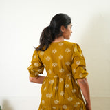 Mustard balloon sleeved cotton midi dress