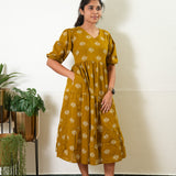 Mustard balloon sleeved cotton midi dress