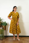 Mustard balloon sleeved cotton midi dress