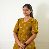 Mustard balloon sleeved cotton midi dress
