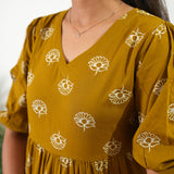 Mustard balloon sleeved cotton midi dress