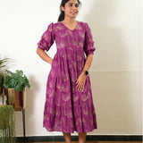 Magenta balloon sleeved cotton midi dress