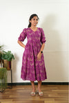 Magenta balloon sleeved cotton midi dress