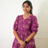 Magenta balloon sleeved cotton midi dress
