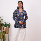 Midnight blue full sleeve cotton short kurti