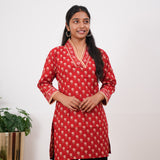 Red roses v neck cotton short kurti
