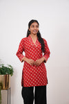 Red roses v neck cotton short kurti