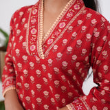 Red roses v neck cotton short kurti