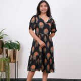 Black roses V neck cotton dress 
