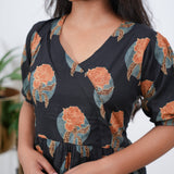 Black roses V neck cotton dress 