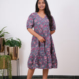 Turquoise and pink V neck cotton dress