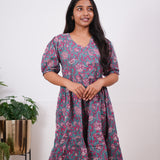 Turquoise and pink V neck cotton dress