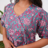 Turquoise and pink V neck cotton dress