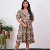 Beige and mustard V neck cotton dress