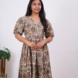 Beige and mustard V neck cotton dress