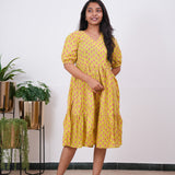 Lime yellow and pink V neck cotton dress