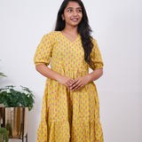 Lime yellow and pink V neck cotton dress