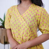 Lime yellow and pink V neck cotton dress