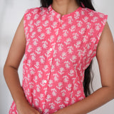 Peach mandarin collar cotton shirt dress(attached sleeves)