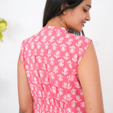 Peach mandarin collar cotton shirt dress(attached sleeves)