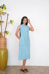 Sky blue mandarin cotton shirt dress(attached sleeves)