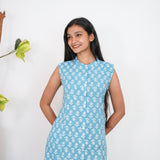 Sky blue mandarin cotton shirt dress(attached sleeves)