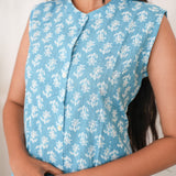 Sky blue mandarin cotton shirt dress(attached sleeves)