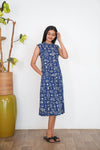 Indigo mandarin cotton shirt dress(attached sleeves)