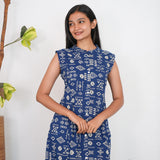 Indigo mandarin cotton shirt dress(attached sleeves)