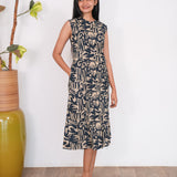 Dark blue mandarin cotton shirt dress(attached sleeves)