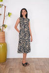 Dark blue mandarin cotton shirt dress(attached sleeves)